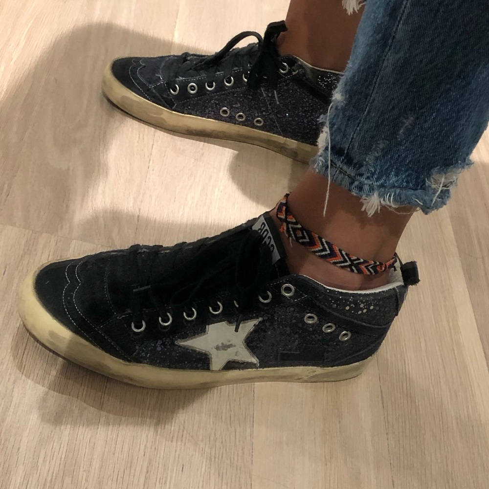 Golden Goose mid star navy sparkle sneakers
